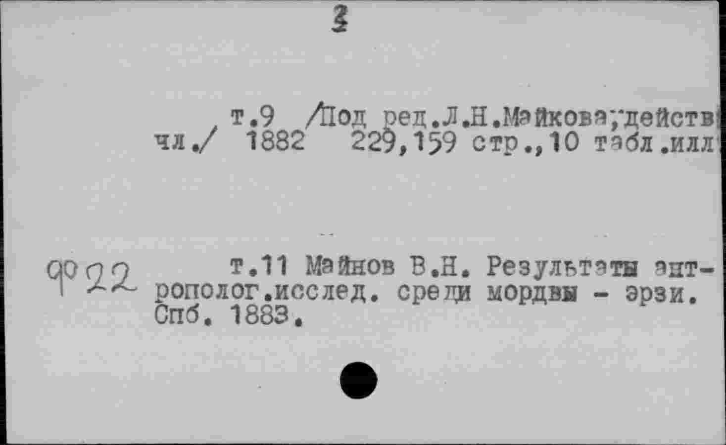 ﻿чл./
з
т.9 Ліод ред.Л.Н.Мэйковэ;*действ
1882	229,159 стр.,10 табл.илл
Т22-
т.11 Майков В.Н. Результаты антрополог.исс лед. среди мордвы - эрзи. Спб. 1883.